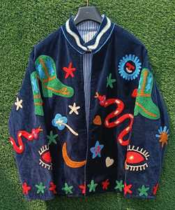 <b>Women</b> <b>Navy</b> Velvet <b>Jacket</b> With Colorful Snake Cactus Eye And Star Embroidery Front Closure Long Sleeves <b>For</b> Statement Wear - Product Image 3