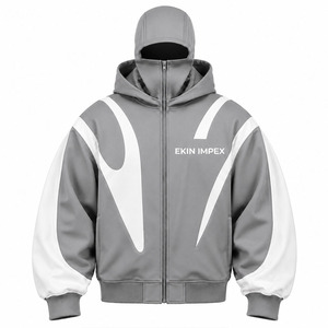 Sweat à capuche zippé gris et blanc de qualité supérieure |   Sweat à capuche streetwear avec masque intégré |   Vêtements d'extérieur unisexes à la mode avec masque intégré 100% coton - Product Image 1