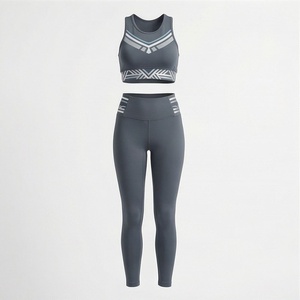Conjunto de Yoga Geométrico Gris para Mujer, 2 Piezas, Top Corto sin Mangas con Cuello Redondo y Leggings Largos de Cintura Alta - Product Image 1