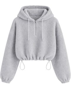 Sudadera con capucha corta de forro polar texturizado gris claro con cremallera de cuarto, dobladillo con cordón ajustable, estilo casual urbano, cálida, para hombre, con logo personalizado - Product Image 1
