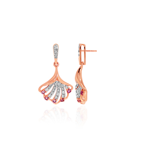 Premium Rose Gold Flower Petal <b>Dangle</b> <b>Earrings</b> with Sparkling White Stones and Pink Gemstone Accents Luxury Fashion Jewelry - Product Image 3