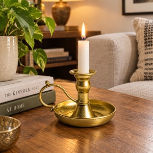 Golden Brass Chamberstick <b>Candle</b> Holder Vintage Taper Stick Stand with Decorative Loop Handle and <b>Tray</b> Base for Home Table decor - Product Image 2
