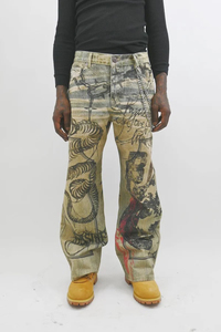 Vaqueros de mezclilla de corte recto para hombre con estampado pintado de dragón y guerrero, lavado a la arena, estilo urbano, cintura alta y cierre de botones - Product Image 4