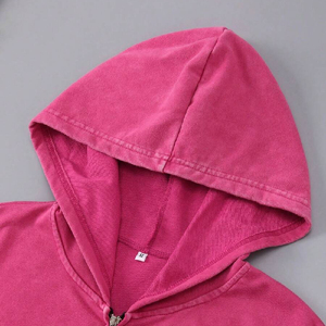 Sweat à capuche unisexe rose court zippé en polaire oversize décontracté avec logo imprimé par transfert thermique sur le devant - Product Image 3