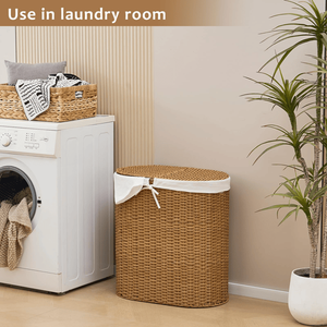 Cesto Portabiancheria Ovale in Giacinto d'Acqua Naturale Intrecciato con Coperchio - Product Image 5