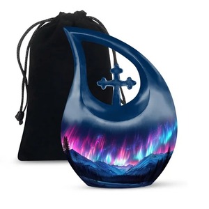 Teardrop Cremation Urn with Northern Lights Landscape Design for Adult Ashes <b>Memorial</b> <b>Keepsake</b> Custom Decorative Tear Drop Urn - Product Image 1