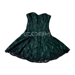 Mini-robe corset gothique vert émeraude pour femme, robe de soirée sans bretelles avec superposition de dentelle florale noire et décolleté en cœur - Product Image 1