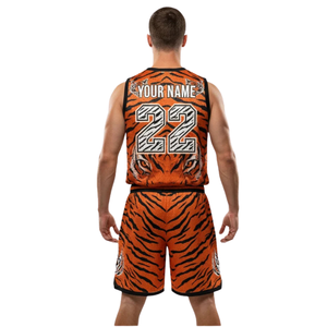 Ensemble de tenue de basket-ball à rayures de tigre pour hommes, maillot sans manches à col en V, short assorti, garniture contrastée, kit personnalisé avec nom et numéro de l'équipe - Product Image 2