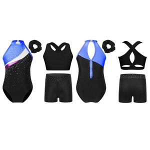 Traje de gimnasia para niñas de 6 a 16 años, leotardo con banda para el <span class=keywords><strong>pelo</strong></span>, <span class=keywords><strong>chaleco</strong></span> superior y pantalones cortos, conjuntos para competición de puesta en escena, 4 Uds. - Product Image 1