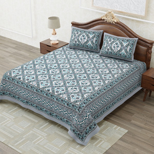 Premium Heritage Cotton King Size Bedsheet Grey Blue Ethnic Floral Motif <b>Bed</b> Cover Set for Home Decor - Product Image 2
