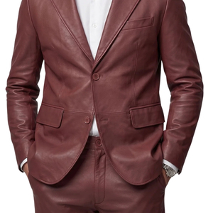 Blazer de Cuero Genuino Color Borgoña para Hombre, Corte Entallado, Chaqueta de Traje de Un Solo Pecho - Product Image 6