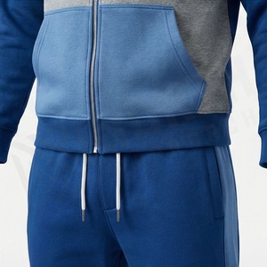Survêtement à capuche pour homme, couleur bleue, blocs de couleurs, fermeture éclair intégrale, vêtements de sport décontractés avec poches latérales, matière polyester et coton - Product Image 5