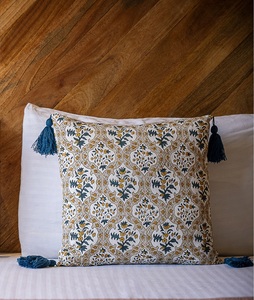 Traditional Artisan Floral Print <b>Cushion</b> <b>Cover</b> with Elegant Blue Tassel Accents - Product Image 3