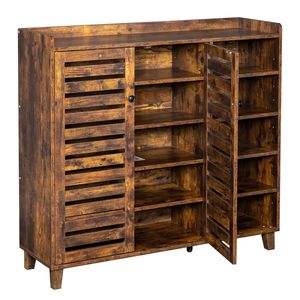 Mobiletto Portascarpe dal Design Semplice in Legno Invecchiato con 2 Ante e 5 Scomparti Aperti, Dimensioni 116*35.5*107cm, Pannello Posteriore in MDF, Piano d'Appoggio - Product Image 3