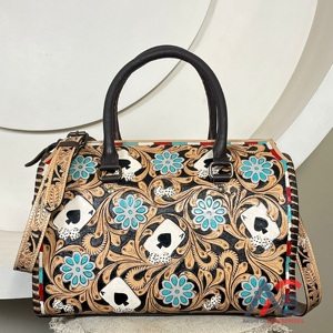 กระเป๋าเดินทางหนังแท้สไตล์ตะวันตกแบบสั่งทำพิเศษ ลายดอกไม้แบบวินเทจ ดีไซน์ลายไพ่ สำหรับผู้หญิง ใช้ได้ทั้งเดินทางและวันหยุดสุดสัปดาห์ - Product Image 1