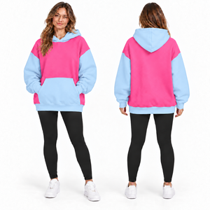 Women's Oversized Hooded Sweatshirt Color Blocked Red <b>Black</b> <b>Fleece</b> Pocket Design Winter Casual Streetwear 100% Cotton Breathable - Product Image 2