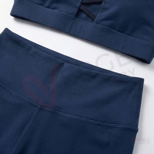 <b>Women</b> <b>Navy</b> Blue Ribbed Long Sleeve Crop <b>Top</b> High Waist Shorts Yoga 2 Piece Set Square Neck Spaghetti Strap - Product Image 5