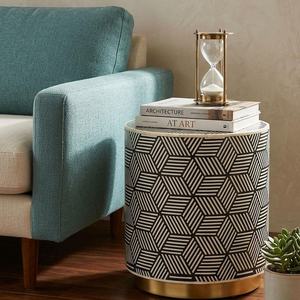 Modern Round Resin Inlay MDF Side Table With Geometric Pattern And Gold Base For Living Room Decor Wholesale B2b Supply - Product Image 2