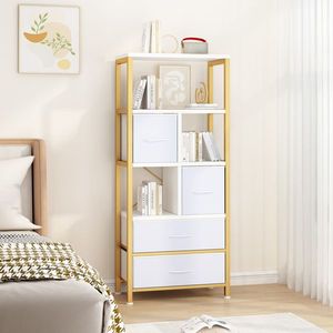 Libreria a 5 Ripiani in Legno con 4 Cassetti, Struttura in Truciolato e Ferro, Tessuto Non Tessuto, 60x30x147cm, Cornice Dorata, Pannello Bianco - Product Image 4