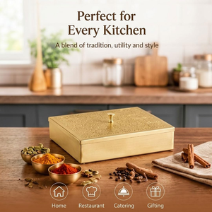 Handcrafted Brass Square Masala <b>Box</b> with 9 Containers and Spoon <b>Indian</b> <b>Spice</b> Storage Dabba Kitchen Organizer - Product Image 2