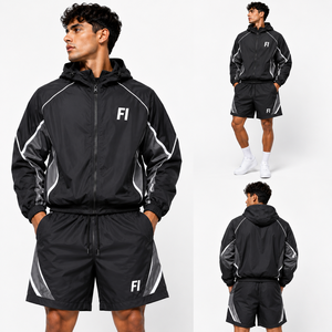 Vestes zippées avec logo personnalisé et ensembles de shorts en nylon, ensemble de survêtement léger en nylon, ensemble de jogging 2 pièces, coupe-vent, vestes pour hommes - Product Image 5