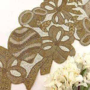 Handmade Glam Fabric <b>Table</b> <b>Runner</b> Irregular Shape <b>Gold</b> Embroidered Floral Design Mats Pads - Product Image 4