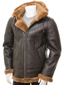 Men's Vintage Leather <b>Jacket</b> <b>Sherpa</b> <b>Lined</b> Hooded Zip Up Regular Length Winter Outerwear Shearling B1 G1 Leather <b>Jacket</b> - Product Image 3