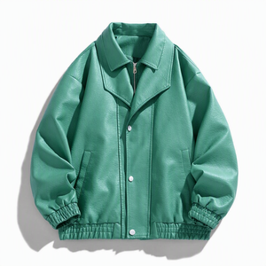 Veste en cuir pour homme sur mesure, style bomber boutonnée, avec corps en cuir véritable, patch graphique tissé et poignets côtelés - Product Image 5