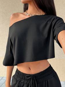 Top Corto Asimétrico Y2K con Hombros Descubiertos para Mujer, Camiseta Negra de Manga Corta con Dobladillo Desigual, Estilo Holgado, Blusa de Verano para Streetwear - Product Image 5