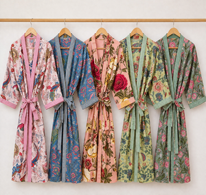 Bata Kimono de Algodón 100% con Estampado Floral para Mujer, Cuello en V, Manga 3/4, Transpirable, Suave, para Descanso y Spa, con Cierre de Cordón - Product Image 1