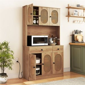 Dispensa Naturale Boho a 6 Ante con Porte in Rattan PE, Stazione di Ricarica Integrata con 2 Prese CA e 2 Porte USB per Cucina - Product Image 2
