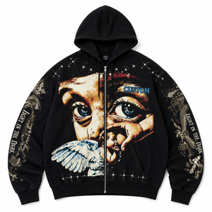 Wholesale Black Zip-Up Graphic Fleece Oversized Hoodie Custom Artwork Casual Layer <b>Pullover</b> Private Label OEM Vintage Supplier - Product Image 3