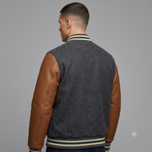 <b>Men's</b> Woolen Varsity <b>Jacket</b> With <b>Leather</b> Sleeves Turn-down Collar Autumn Preppy Style Regular Fit Button Closure - Product Image 2