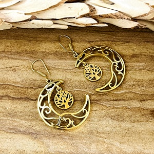 Nouvelle Arrivée Boucles d'Oreilles Pendante Bohème Lune en Laiton Plaqué Or 18 carats pour Femme, Motif Arbre Céleste, pour Vente en Gros/OEM/ODM - Product Image 3