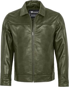 Veste Deified pour homme, en cuir vert, style moto, col rabattu, fermeture éclair, couleur unie, longueur normale, pour l'automne - Product Image 3
