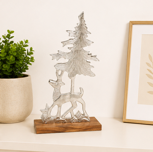 Antique Nickel Reindeer Figurine & Metal <b>Tree</b> Scene High-Quality Aluminum Nordic Style Christmas Sculpture With Wooden Base - Product Image 6