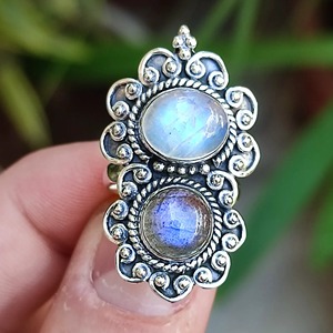 Labradorite and Rainbow Moonstone Ring 925 Sterling Silver Handmade Boho <b>Statement</b> Promise Jewelry for Women Natural Stone - Product Image 2