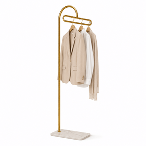 Porte-vêtements autoportant robuste en métal doré avec base en pierre frittée, rail à vêtements polyvalent - Product Image 1