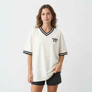 T-shirt ample blanc à col en V pour femme, manches courtes, en jersey de coton, imprimé logo, coupe décontractée, printemps-été - Product Image 4