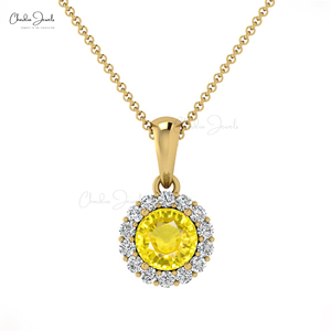 Collier de mariage en or massif 14 carats avec pendentif halo en saphir jaune naturel serti de diamants de 4 mm, fournisseur de bijoux fins en gros, Inde - Product Image 2