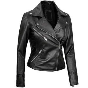 Chaqueta de Motera Asimétrica Negra para Mujer, 100% Piel de Cordero Auténtica, Mangas Largas con Puños con Cremallera, Superventas - Product Image 5