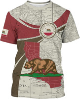 Camiseta de Manga Corta para Hombre con Estampado del Mapa de la Bandera del Estado de California, Corte Regular, Cuello Redondo, Tejido de Punto, 100% Algodón, Ecológica y Transpirable