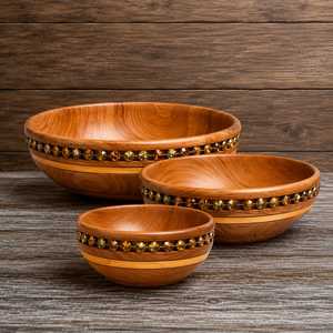 Modern Wooden Serving Bowls with Gemstone Border Handmade Craft Bowl Set 3 for Kitchen Dining and Decor Bowls - Product Image 1