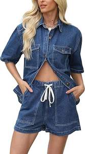 Conjunto de dos piezas de mezclilla de alto rendimiento para mujer: Top y shorts de mezclilla de moda casual, efecto adelgazante, ¡gran oferta! - Product Image 6