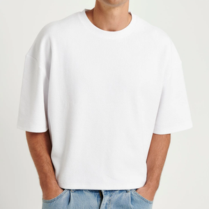 Men's Oversized <b>White</b> Cotton T-Shirt Short Sleeve O-Neck Casual Solid Knitted Plain Blank Design - Product Image 5