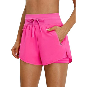 Hot <b>Pink</b> Women Gym <b>Shorts</b> High Waist Polyester Running <b>Shorts</b> With Zipper Pockets Breathable Sports <b>Shorts</b> For Workout - Product Image 1