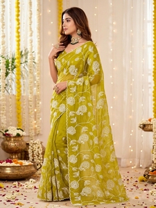 Sari en soie verte avec broderie florale blanche, tenue traditionnelle indienne pour mariage, longueur au sol, protection solaire, pour femmes - Product Image 3