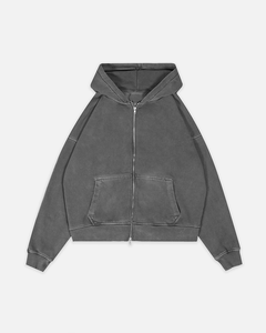 Sweat-shirt zippé gris foncé délavé vintage pour homme, couleur unie, épais, avec poche kangourou fendue, style décontracté streetwear - Product Image 1