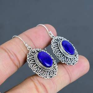 Pendientes de lapislázuli hechos a mano, joyería vintage de plata de ley con piedras preciosas, piedra natural colgante, regalo para ella - Product Image 4