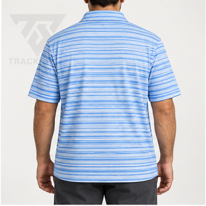Trackstar <b>Men's</b> Blue <b>White</b> Fine Horizontal Stripe <b>Polo</b> Shirt Short Sleeve Button Collar Casual Golf Shirt Custom Logo - Product Image 2